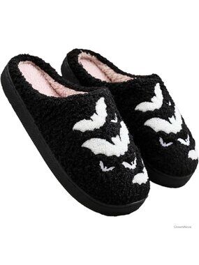 Fluffy Faux Fur Bat Halloween Slippers Warm Cozy Non-Slip House Shoes Gift